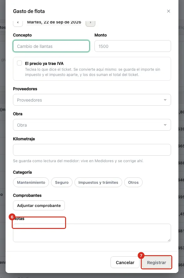 El comprobante y el botón Registrar