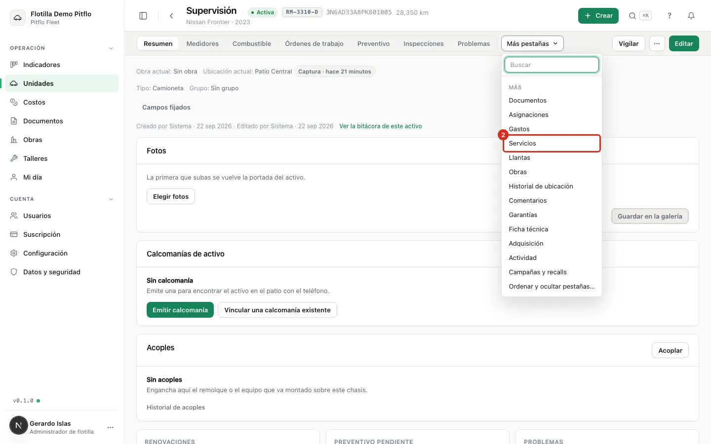 La pestaña Servicios del expediente