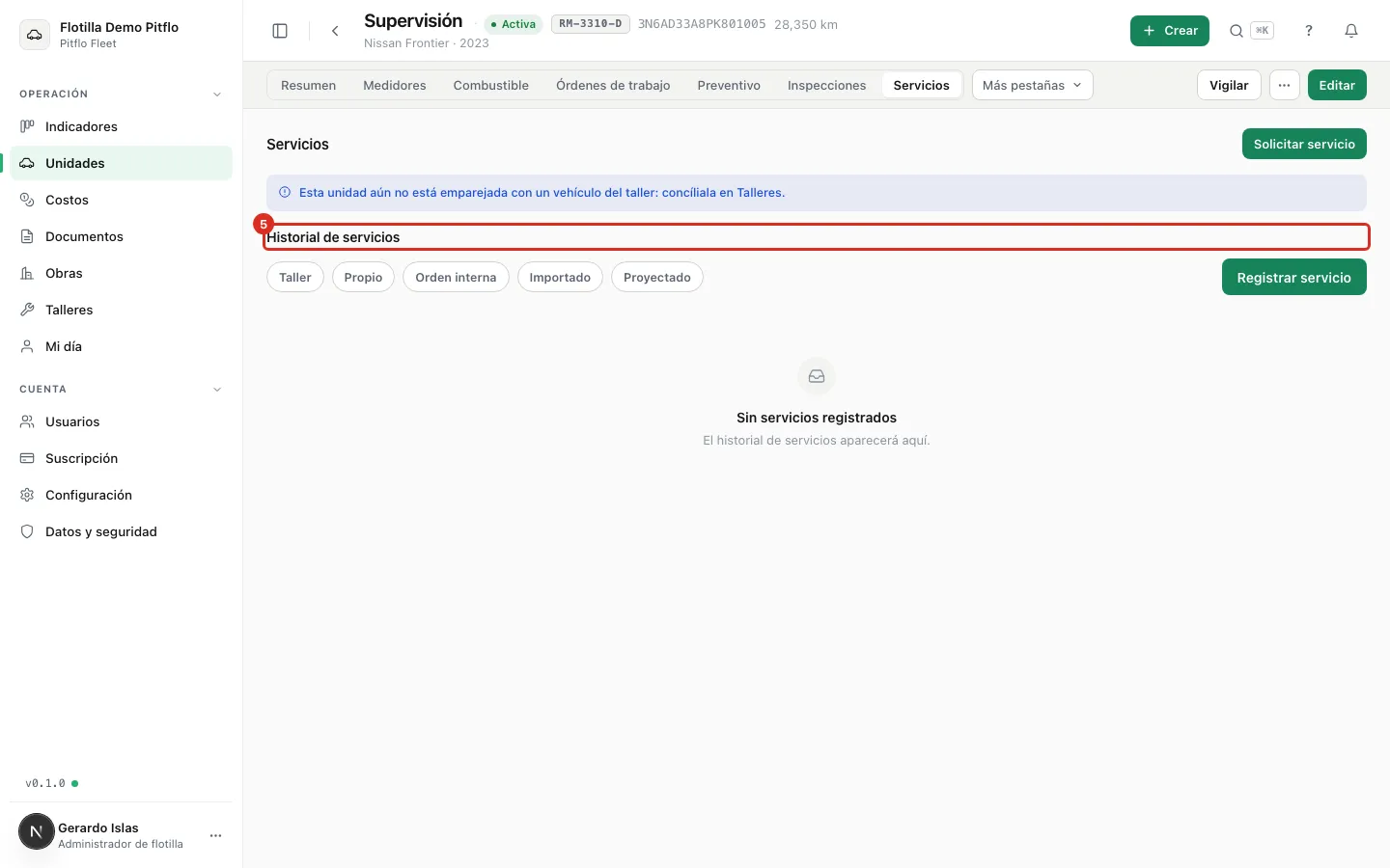 El historial de servicios de la unidad