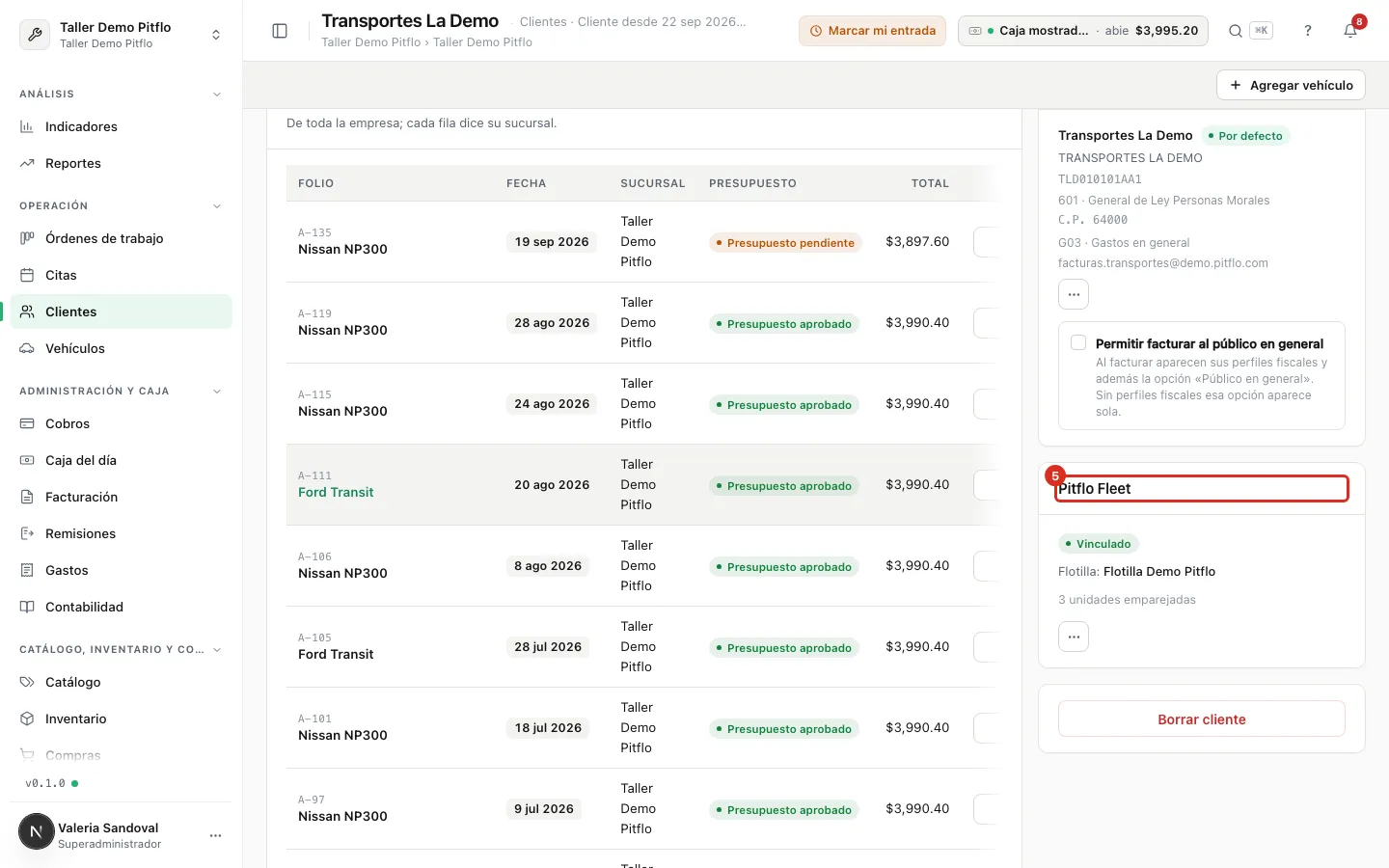 El panel Pitflo Fleet en la ficha del cliente