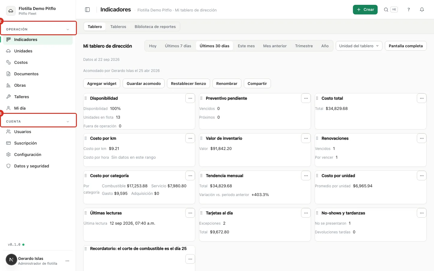 El menú de Fleet, en dos grupos