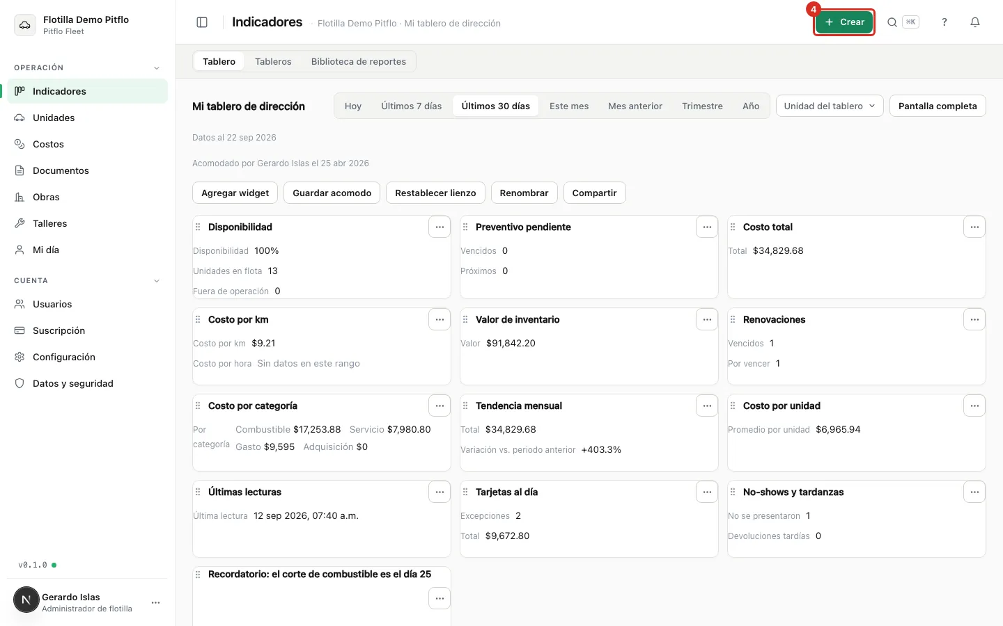 El botón Crear y la campana