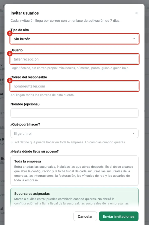 El diálogo con el tipo de alta Sin buzón