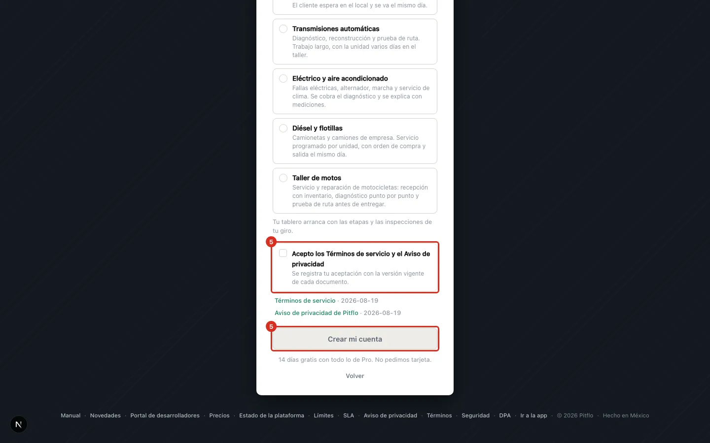 Aceptar los términos y crear la cuenta