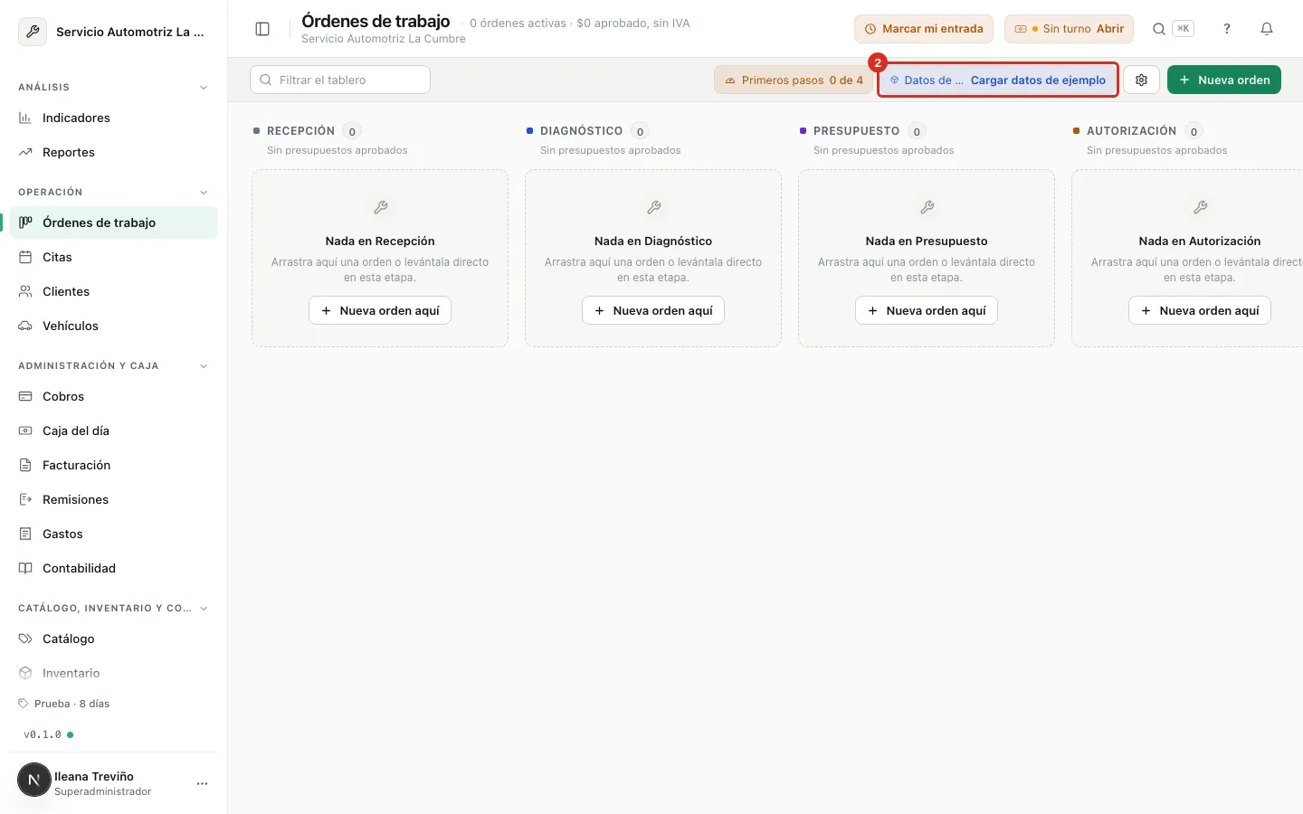El aviso Datos de ejemplo sobre el tablero vacío