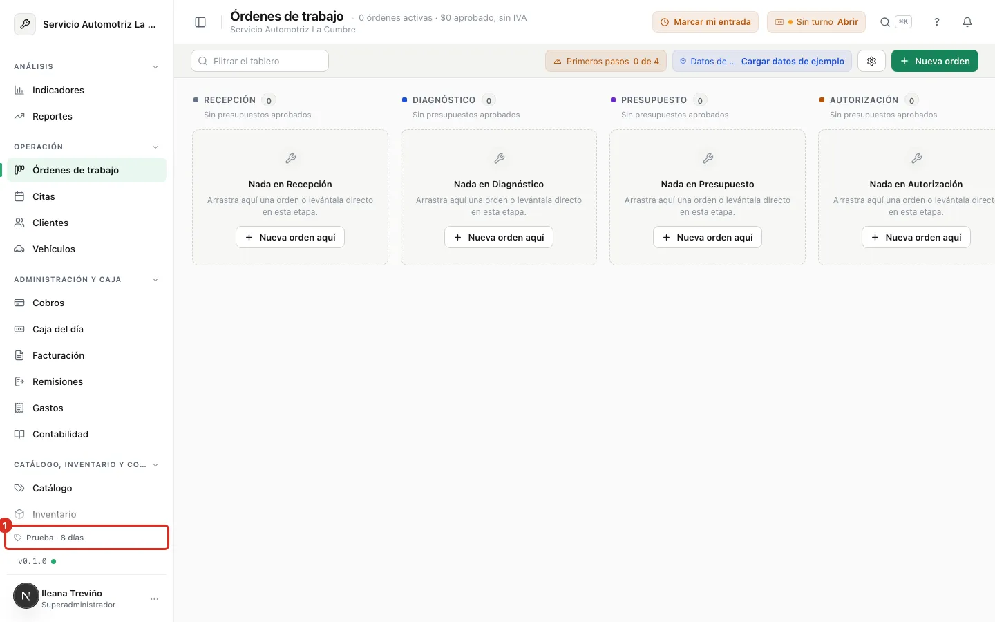 Chip de la prueba al pie del menú