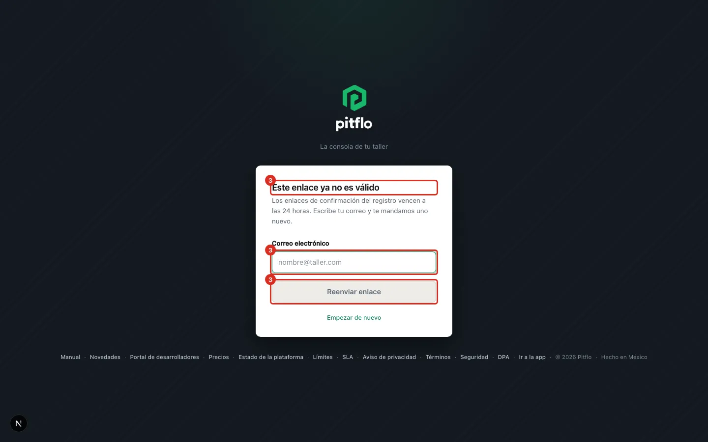 Pantalla del enlace vencido con el campo del correo