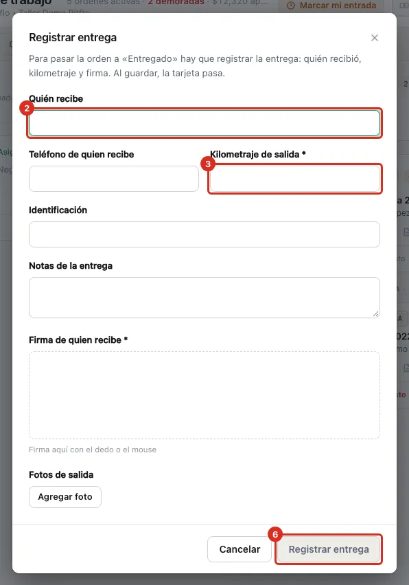 Registrar entrega