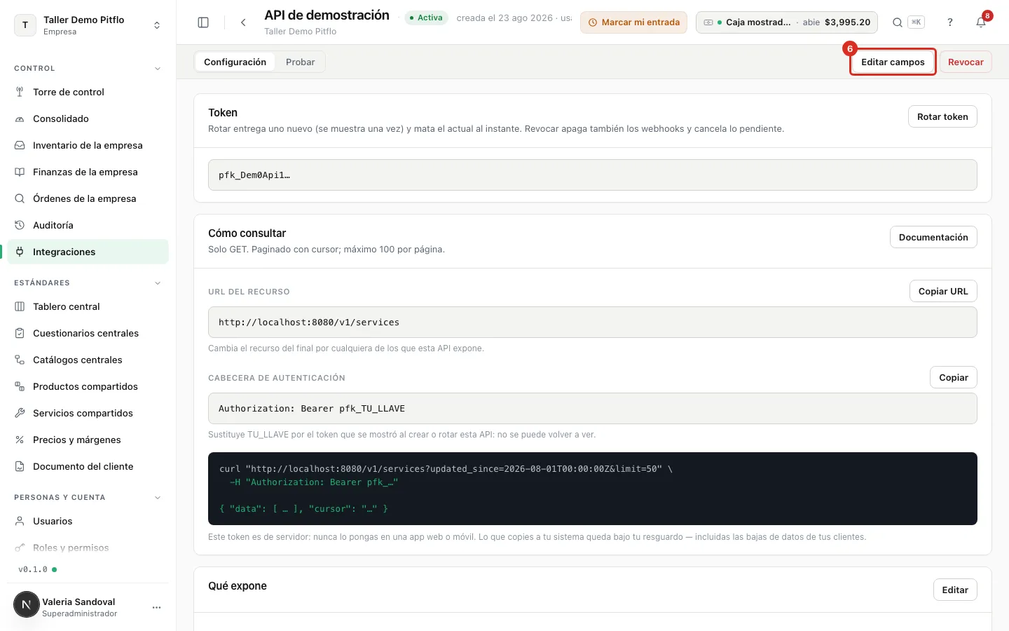 El botón Editar campos en la ficha de la API
