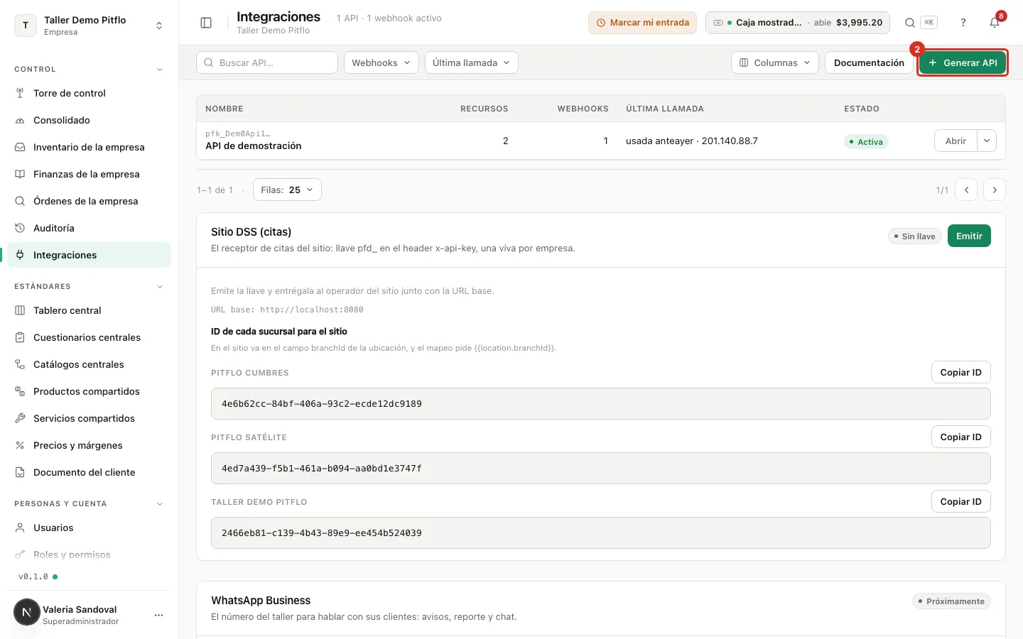 El botón Generar API en Integraciones
