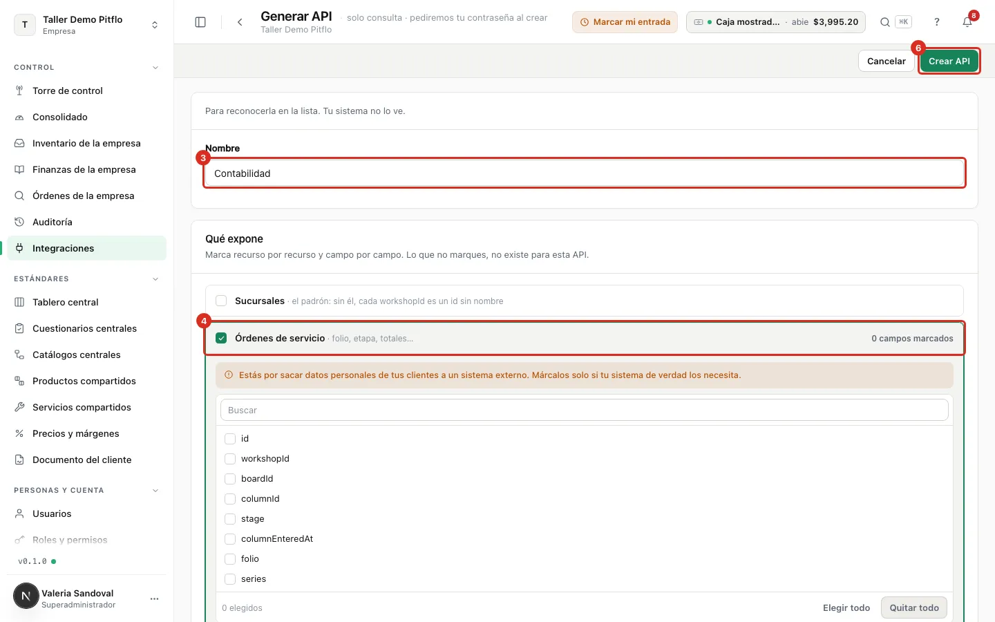 Formulario Generar API con el nombre, un recurso marcado y el botón Crear API
