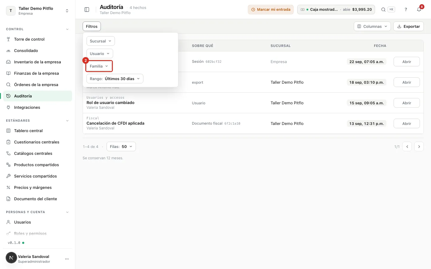 El filtro Familia con Webhooks
