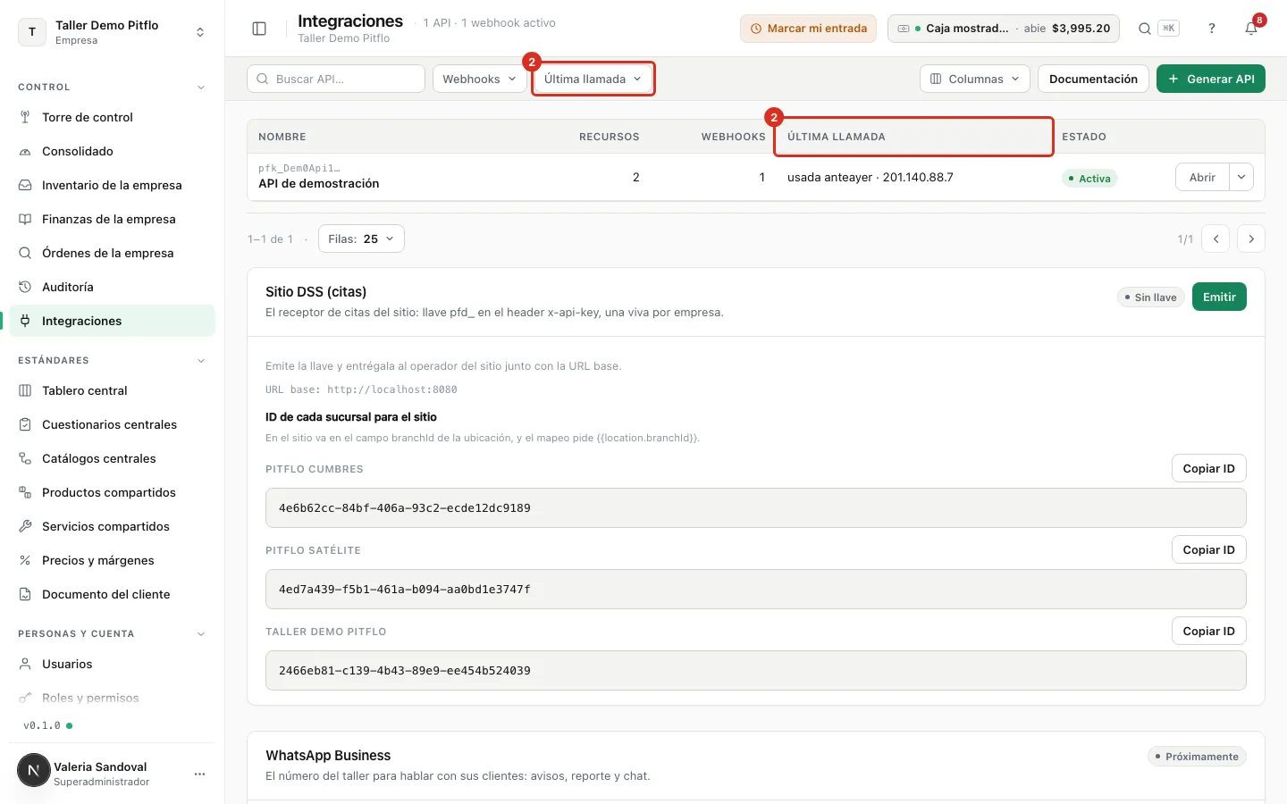 La lista de integraciones con la columna Última llamada y su filtro