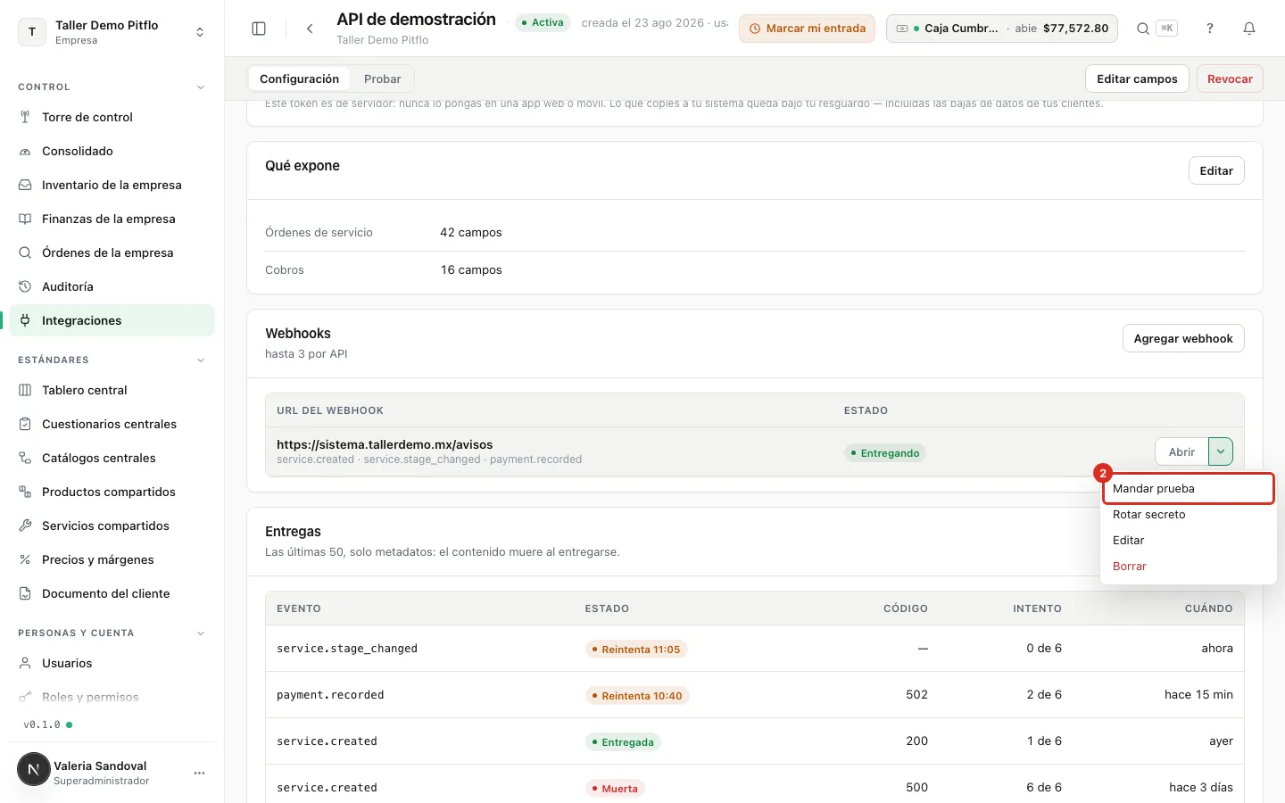 El menú del webhook con Mandar prueba