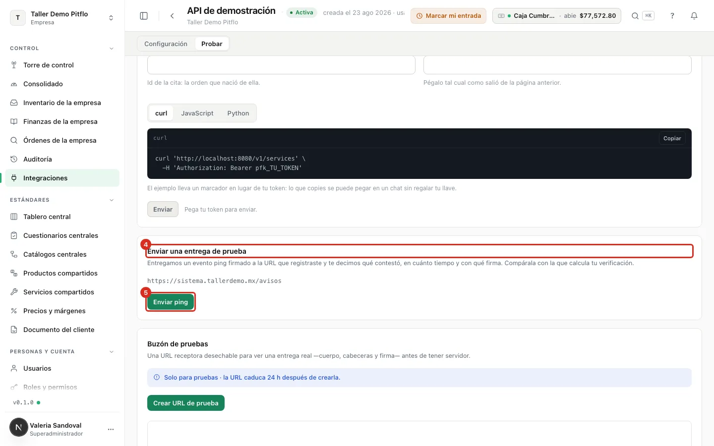 El bloque Enviar una entrega de prueba