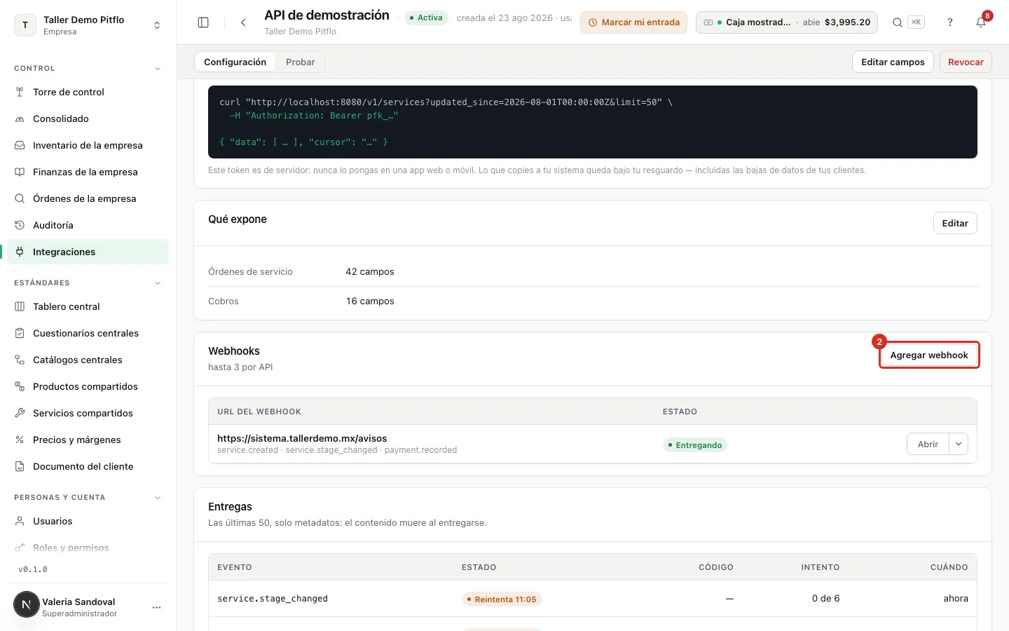 El botón Agregar webhook en la ficha de la API