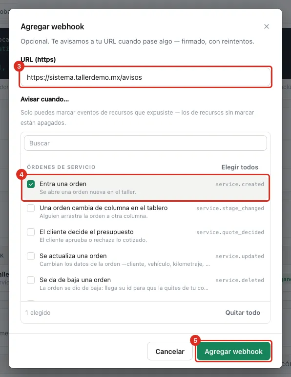 La ventana Agregar webhook con la URL y los eventos marcados