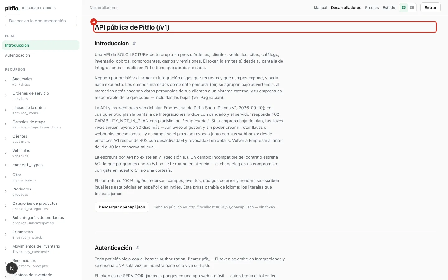 La documentación pública de la API de Pitflo