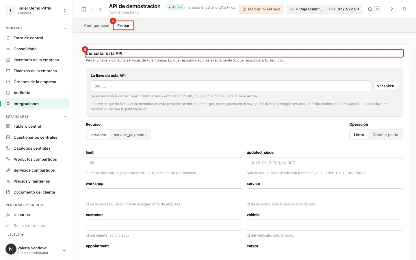 La pestaña Probar con el bloque Consultar esta API