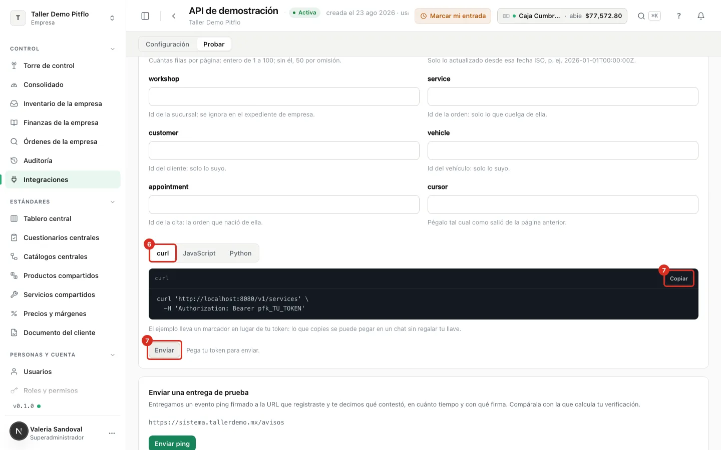 El ejemplo en curl, Copiar la petición y el botón Enviar