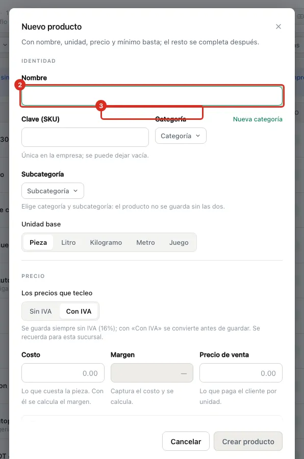 Nombre, categoría y subcategoría del producto