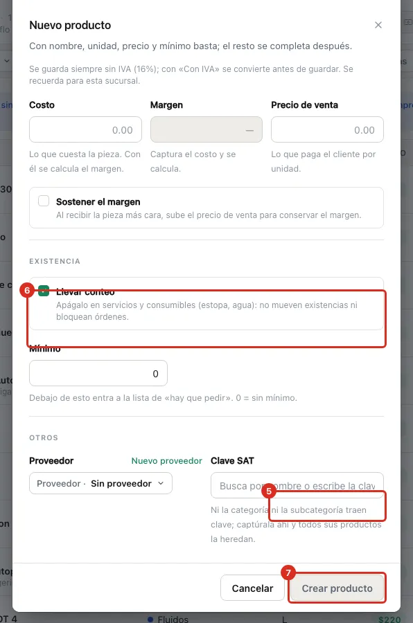 Precio, conteo y botón Crear producto
