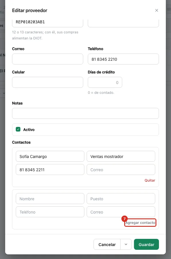 Contactos del proveedor