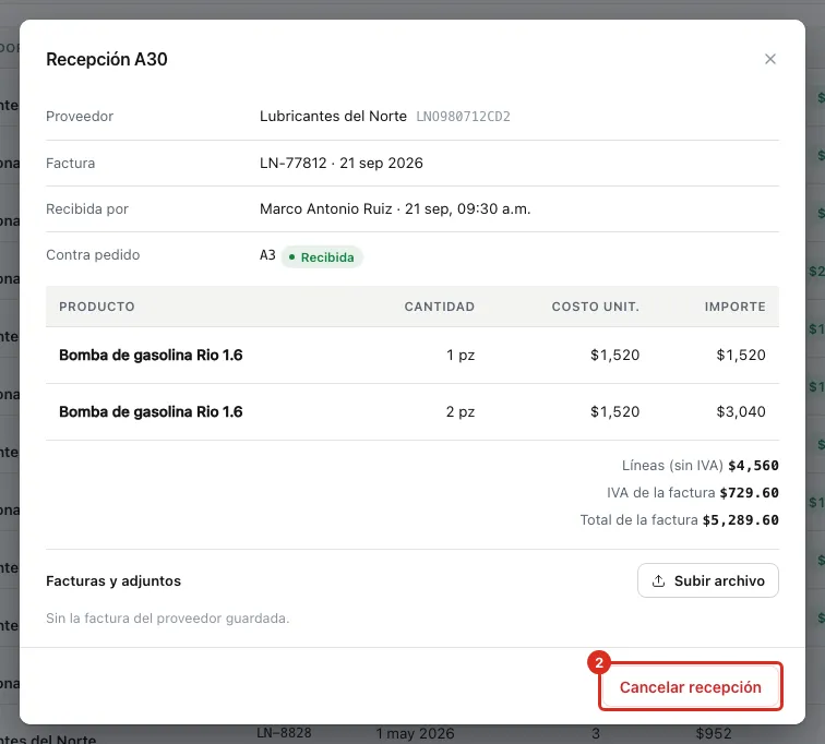 La ficha de la compra y su botón Cancelar recepción