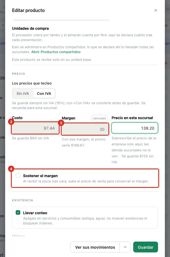 Costo, margen y precio en una fila