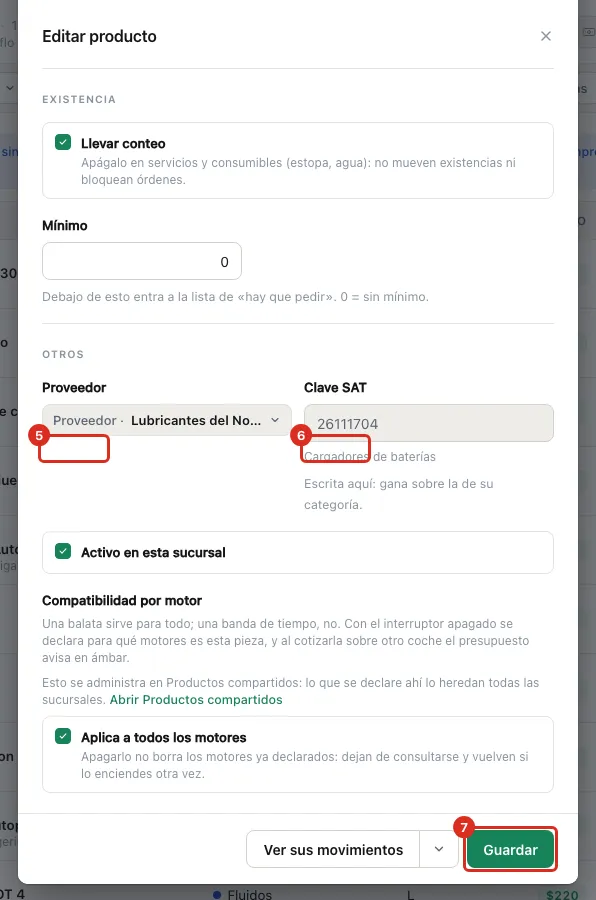 Proveedor, Clave SAT y el botón Guardar
