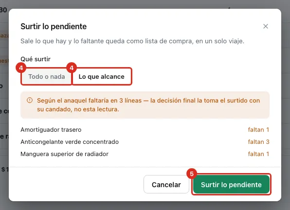 La ventana Surtir lo pendiente con sus dos modos