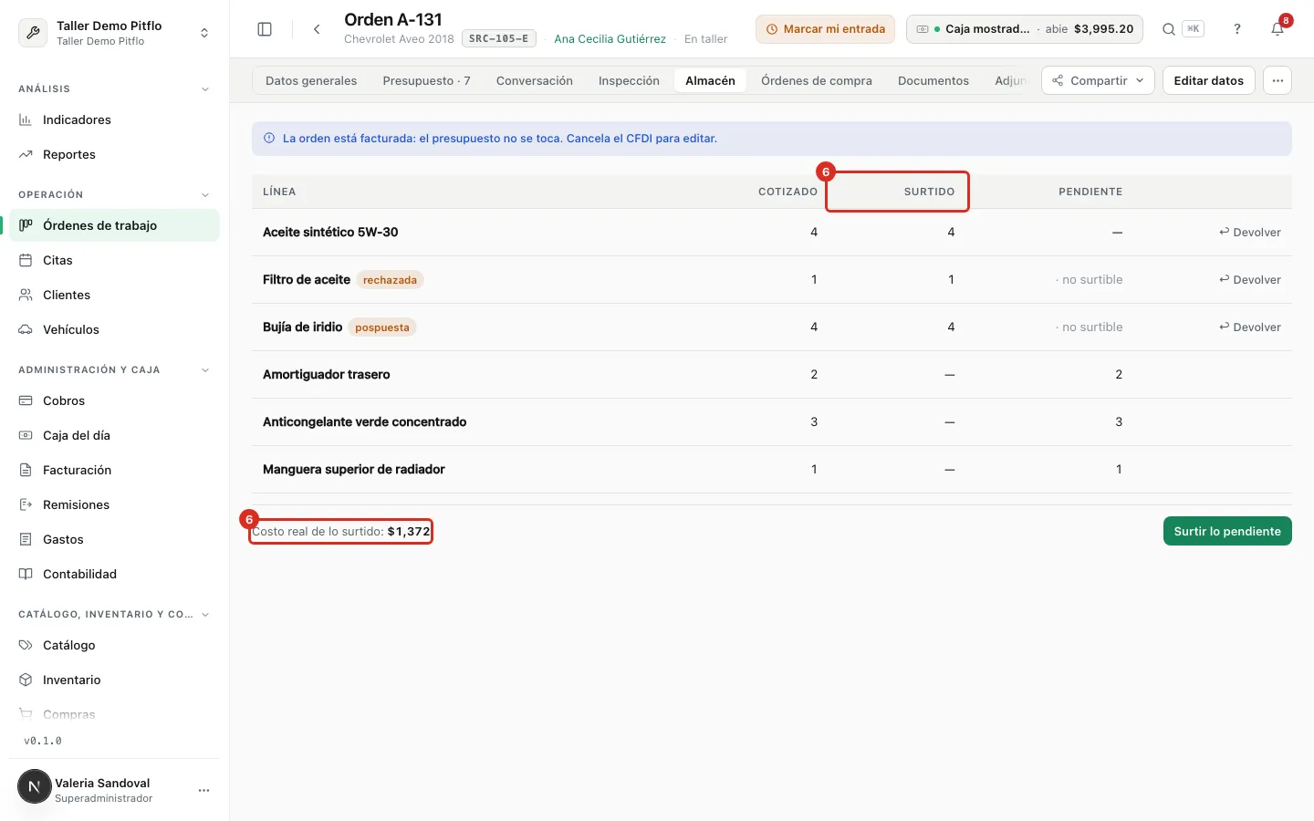 La orden surtida con su costo real al pie