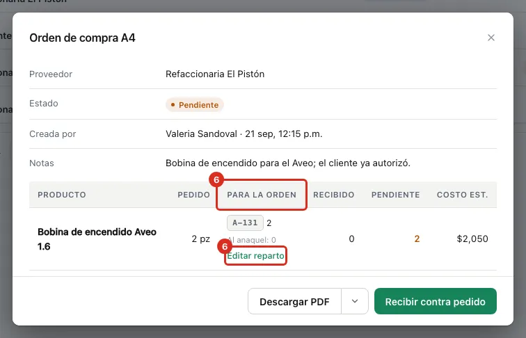 La ficha del pedido con la columna Para la orden y Editar reparto
