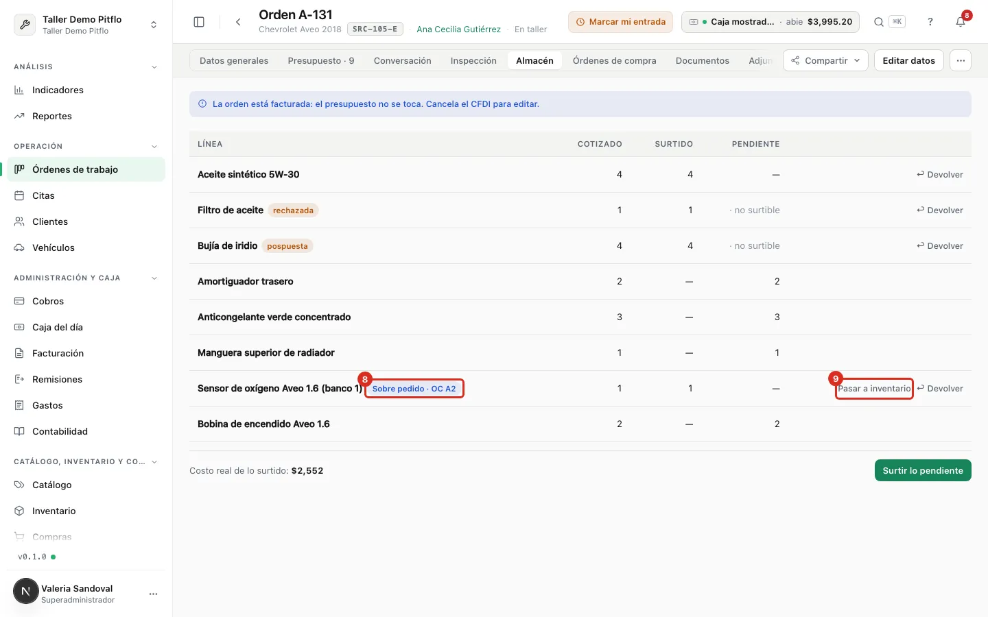 La pieza surtida en la orden, marcada Sobre pedido