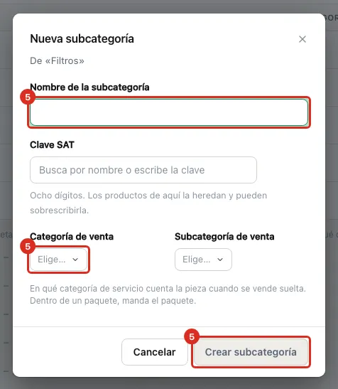 La ventana Nueva subcategoría