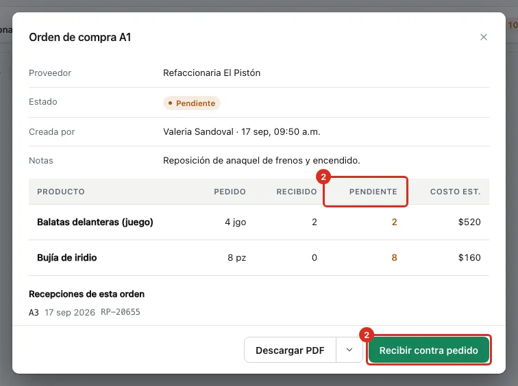 Ficha del pedido con Recibir contra pedido