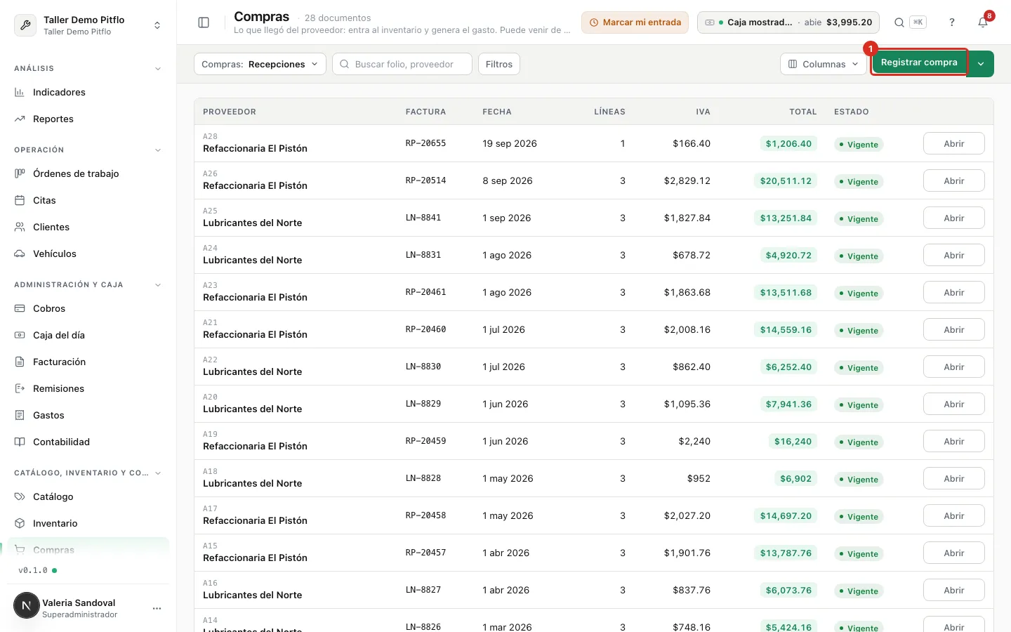 Botón Registrar compra en Recepciones