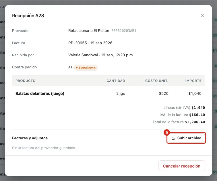 Facturas y adjuntos en la ficha de la compra