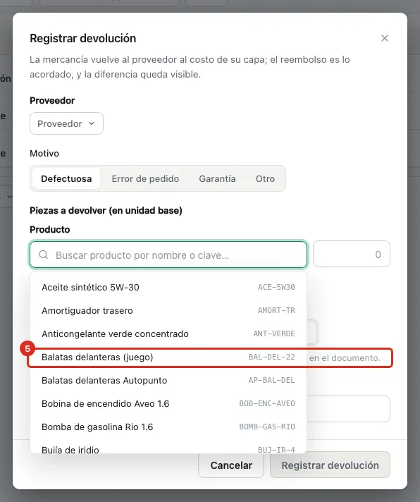 La forma del reembolso y el botón Registrar devolución