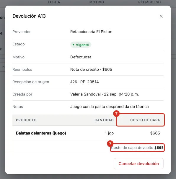El documento de la devolución con su costo de capa