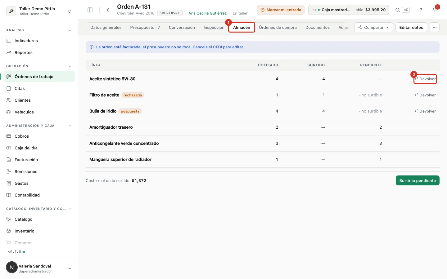 Botón Devolver en la línea surtida