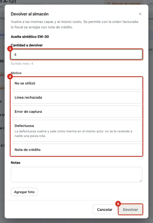 Diálogo Devolver al almacén