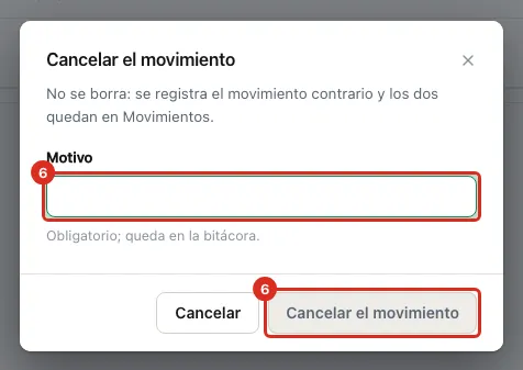 El diálogo de cancelación con su motivo