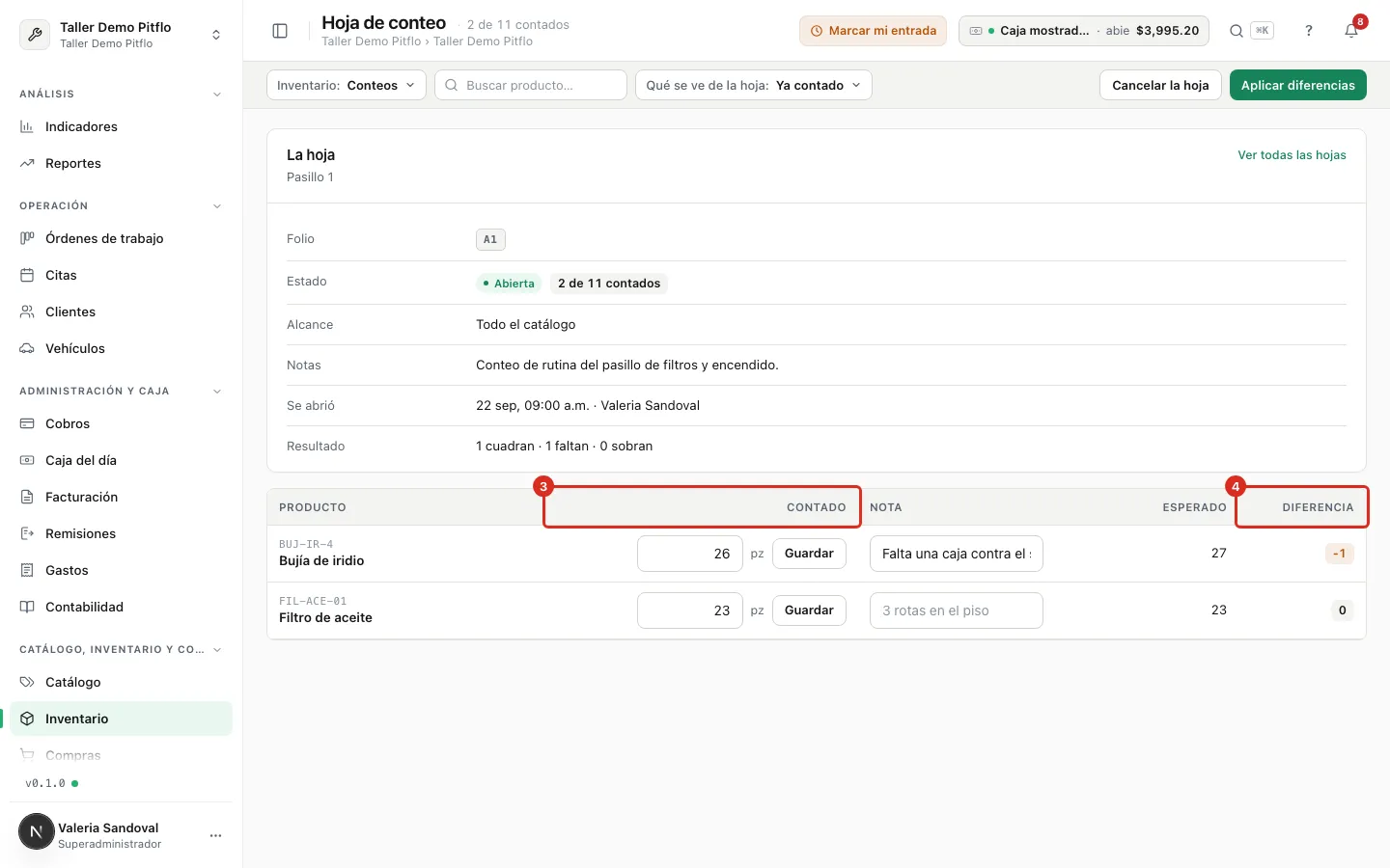 Renglones contados con su esperado y su diferencia