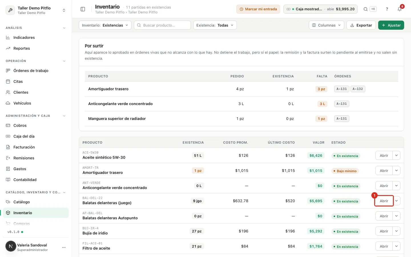 Abrir el detalle de un producto en Existencias