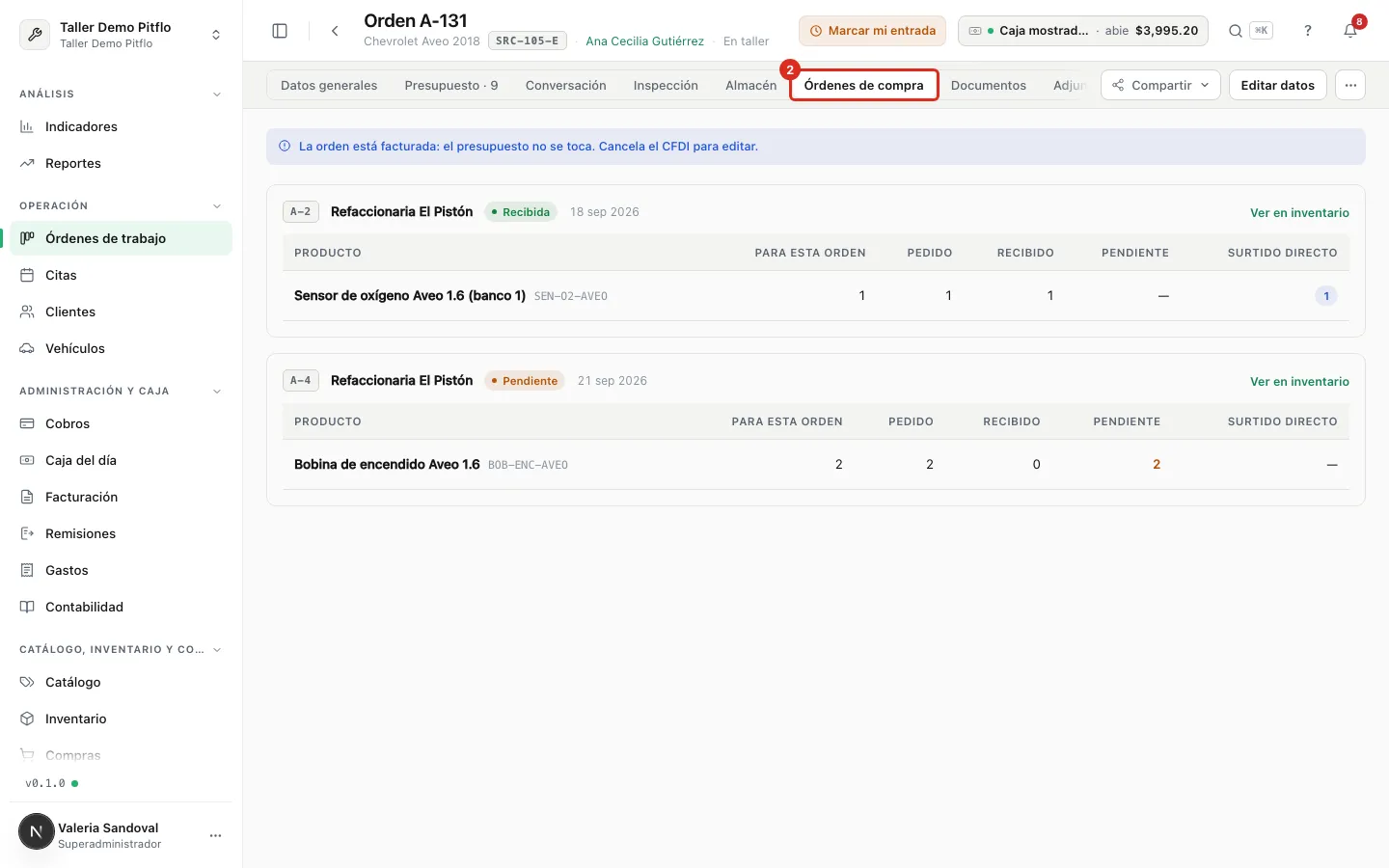 La sección Órdenes de compra de una orden