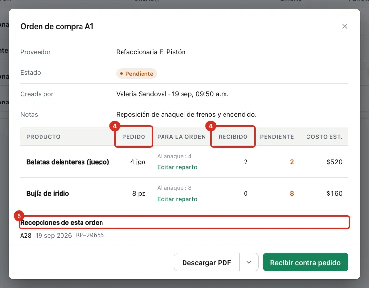 La ficha del pedido, con lo pedido y lo recibido