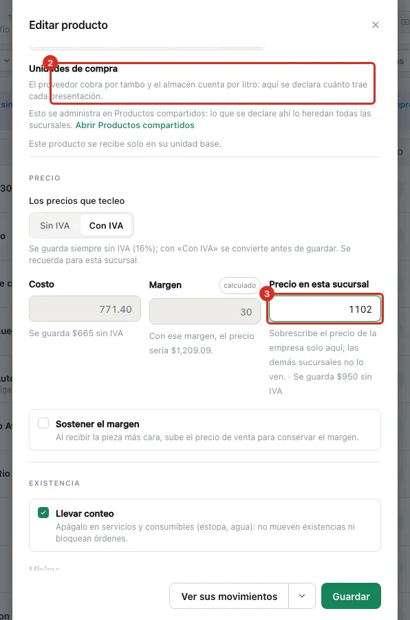 La ficha de un producto de la empresa, con su precio local