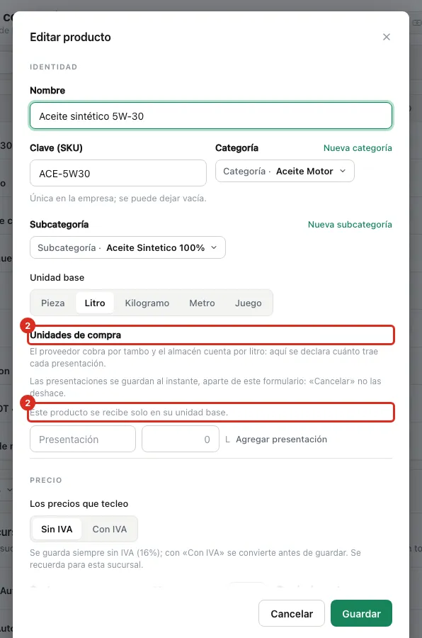 El panel Unidades de compra en la ficha