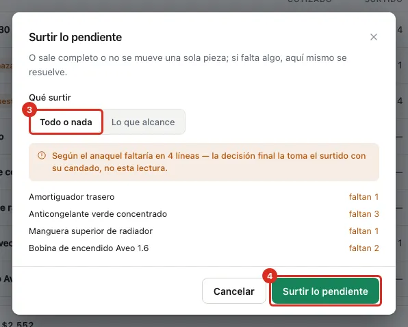 Diálogo Surtir lo pendiente con las líneas que faltan